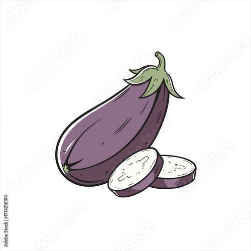 Fresh purple eggplant with slices on a white background cartoon illustration