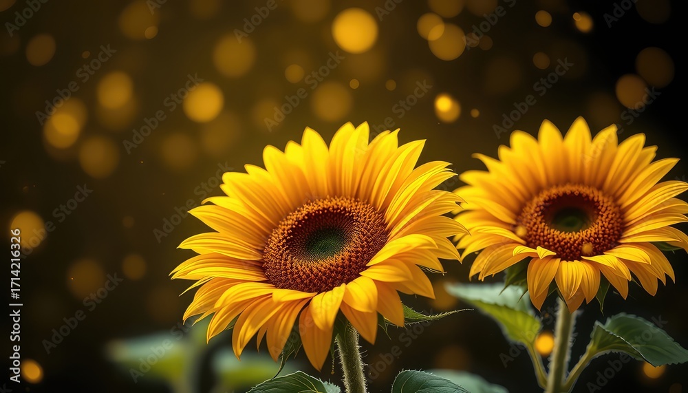 Obraz premium Luminous sunflowers showcase the intricate details of their petals against a soft, bokeh-filled background, creating a warm and inviting floral scene.