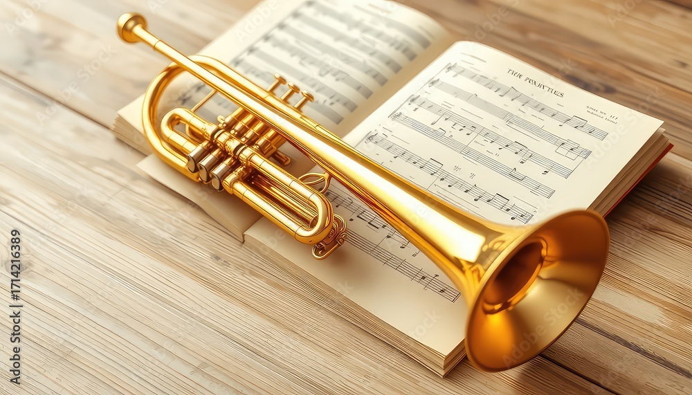 Obraz premium Golden trumpet resting gently on an open book of sheet music, placed on a light brown wooden surface