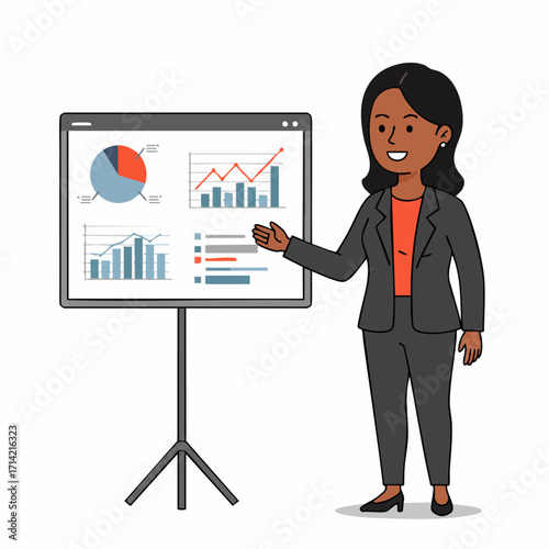 Flat Style Businesswoman Presenting Data on Whiteboard Chart Presentation