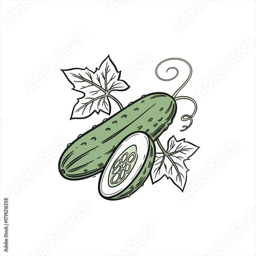 Fresh cucumber and slice with leaves and vine illustration