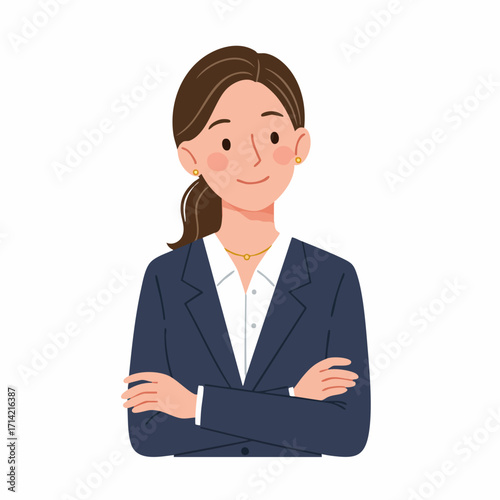 Simple Flat Style Professional Woman in Suit with Arms Crossed Illustration