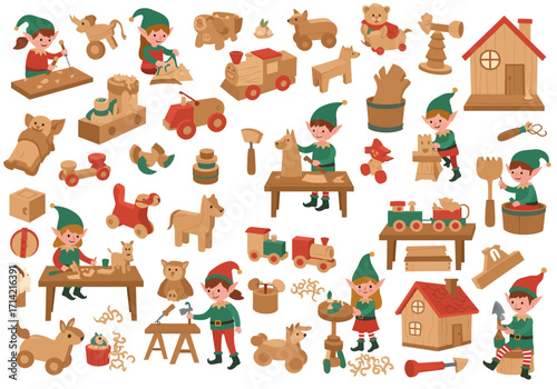 Elves crafting wooden toys in a workshop setting featuring various handmade toys