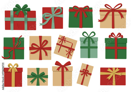 Illustration of assorted giftwrapped boxes in varying colors and ribbon styles scattered on a white background