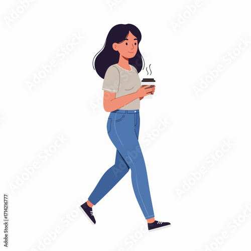Flat Style Walking Woman Holding Coffee Cup, Lifestyle Illustration