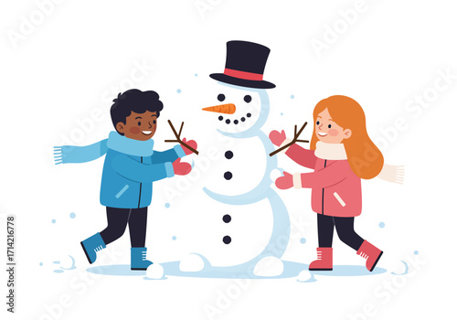 Kids build a snowman with carrot nose stick arms  black top hat