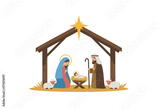 Nativity scene Mary Joseph Baby Jesus in a manger under a star with two sheep