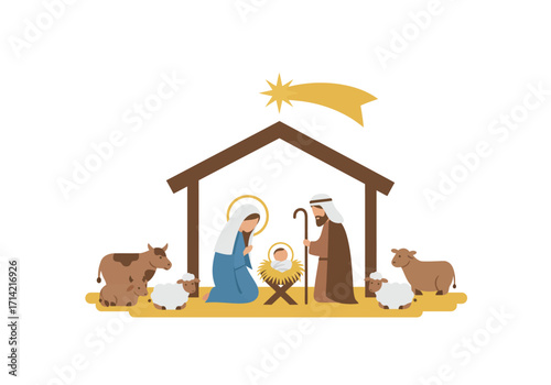 Nativity scene Mary Joseph baby Jesus in manger under star surrounded by sheep  cows