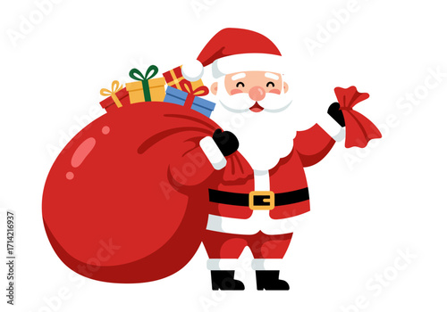Santa Claus carries a large bag of gifts and holds a smaller red bag