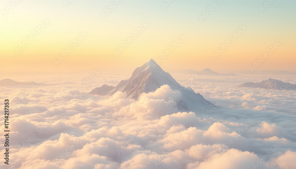 Naklejka premium Majestic mountain peak pierces through a serene blanket of soft, pastel-colored clouds at sunrise, creating a dreamlike landscape