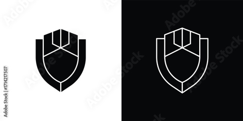 A modern shield-shaped vector illustration icon with a minimalist geometric style. This design features a symmetrical shape resembling a flower or abstract symbol, available in both solid and outline 