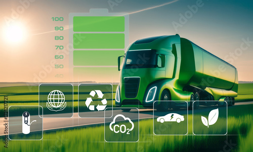 Futuristic electric truck driving down a road. Green mobility and sustainability environment concept