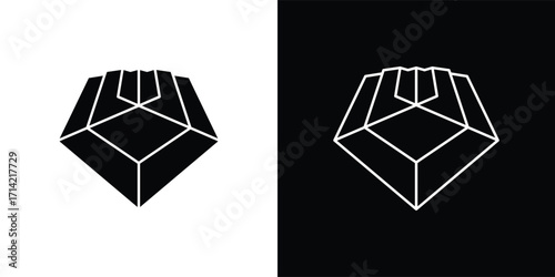 A modern shield-shaped vector illustration icon with a minimalist geometric style. This design features a symmetrical shape resembling a flower or abstract symbol, available in both solid and outline 