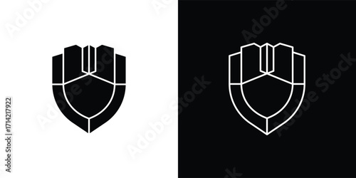 A modern shield-shaped vector illustration icon with a minimalist geometric style. This design features a symmetrical shape resembling a flower or abstract symbol, available in both solid and outline 