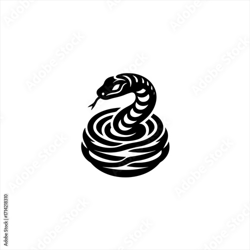 Stylized black snake coiled and ready to strike