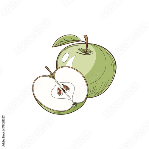 Illustration of a whole green apple and a half apple with seeds