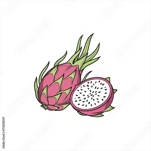 Pink dragon fruit whole and halved with white flesh and black seeds