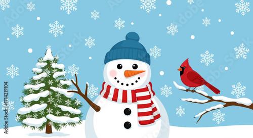 Friendly snowman with cardinal and snow-covered tree.