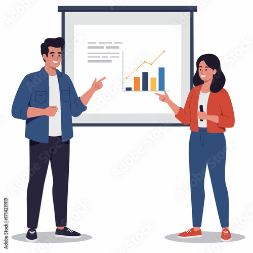 Modern Flat Illustration Business Presentation with Man and Woman Explaining Growth