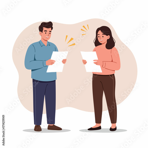 Flat Style Detailed Man and Woman Holding Document Paper Illustration