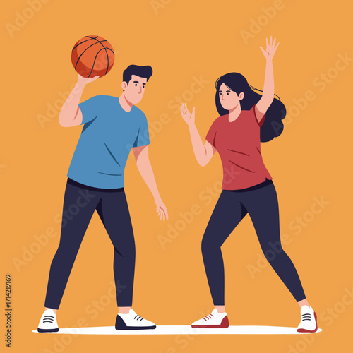 Modern Flat Style Basketball Game Player Illustration with Action Poses