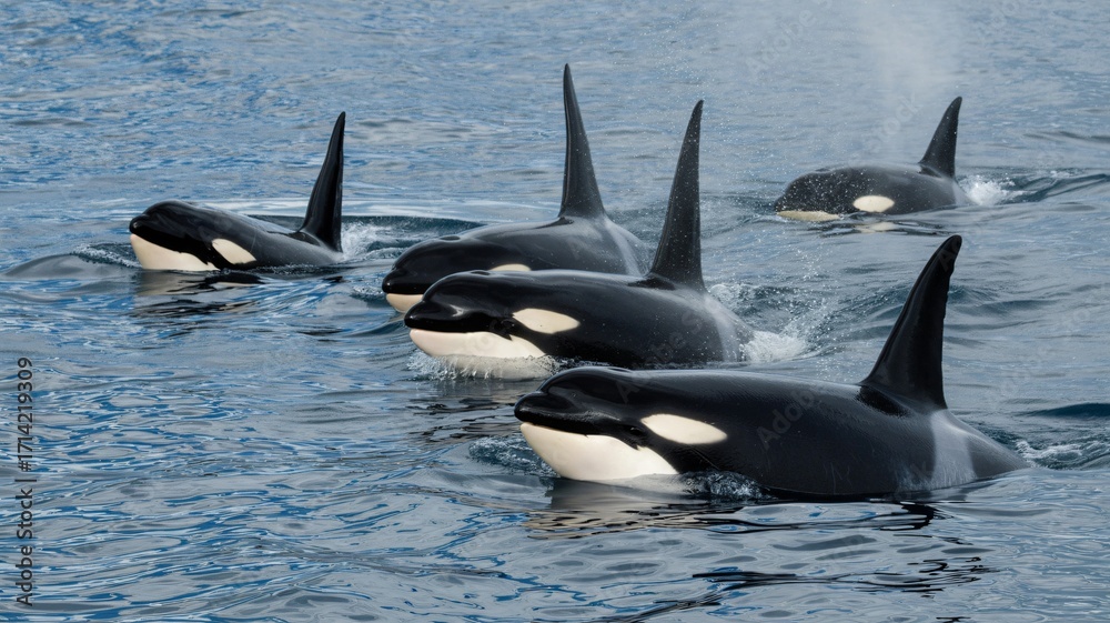 Obraz premium Majestic pod of orcas swimming gracefully in the ocean, a stunning scene of marine life in their natural habitat