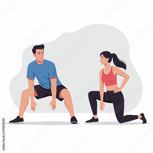 Flat Style Man and Woman Stretching Exercise Doing Workout Illustration