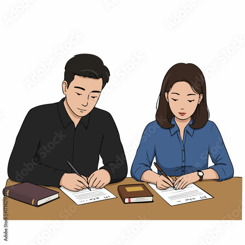 Cartoon Style Couple Studying Together at Desk Illustration Artwork