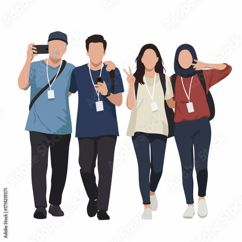 Modern Flat Style Group of Tourist People Walking Together Illustration