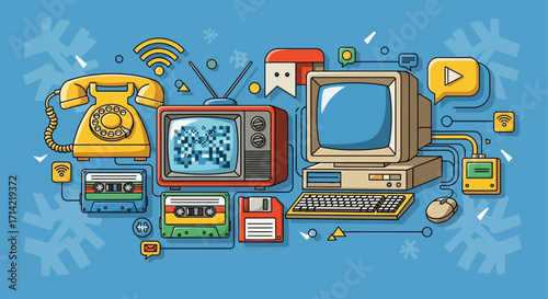 Illustration of vintage and modern technology devices connected, showcasing the evolution of electronics from rotary phones to digital icons.