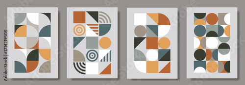 Bauhaus poster set of geometric vector pattern minimal posters with 20s geometric design. Trendy vintage pattern background for cover design, poster and inter