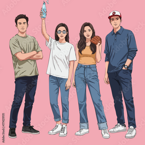 Modern Cartoon Style Group of Young Adult Friends Illustration Asset