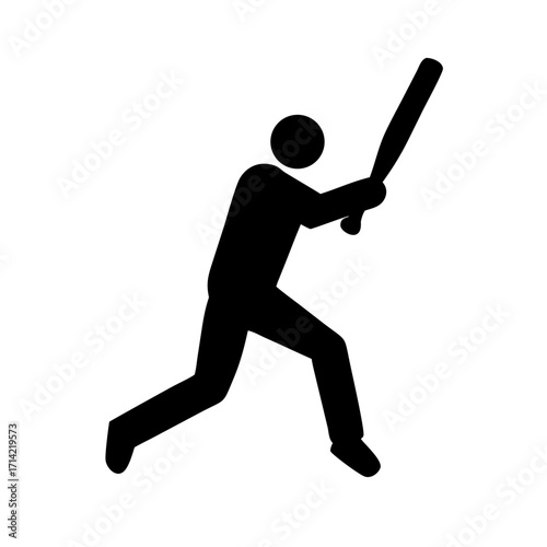 Solid Black Silhouette of Cricketer Swinging Bat – Outdoor Sports Activity Vector Icon