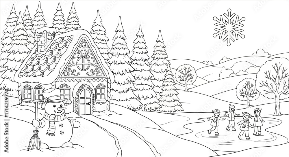 Obraz premium Winter scene with house, trees, snowman, and people skating on a pond.