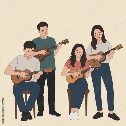 Flat Illustration Happy Group of Friends Playing Ukulele Together Music