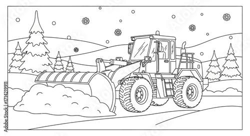 Snow plow clearing snow in winter landscape.