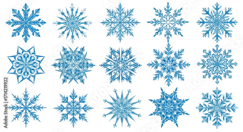Collection of intricate, detailed snowflake designs in shades of blue.