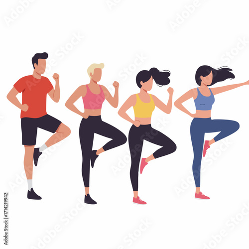 Flat Illustration Multiethnic Group Aerobic Exercising Fitness Class Together Sport