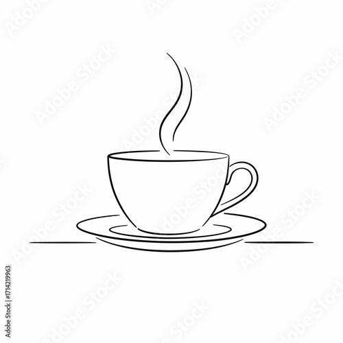 Minimalist line drawing of a steaming coffee cup and saucer elegant vector illustration silhouette vector illustration white background