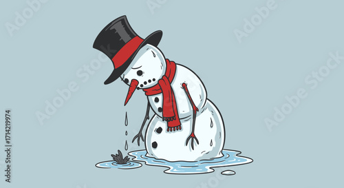 A sad, melting snowman wearing a top hat and red scarf, with a puddle of water around its base on a light blue background.