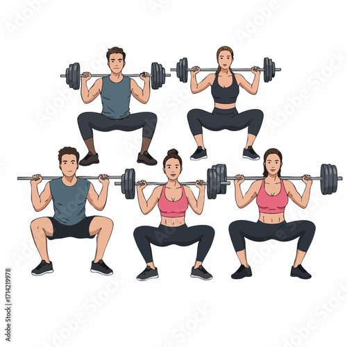 Illustration People Doing Barbell Squat Exercise in Gym for Fitness Training