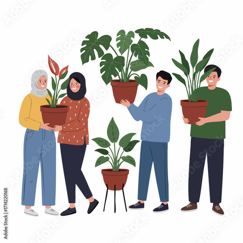 Flat Illustration People Holding Potted Plant Collection for Home Decoration