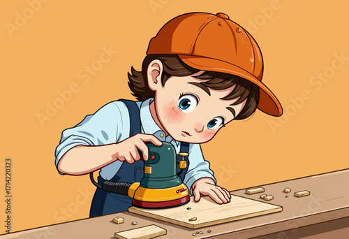 Young Child Concentrating on Woodworking Project with Electric Sander in Workshop Environment
