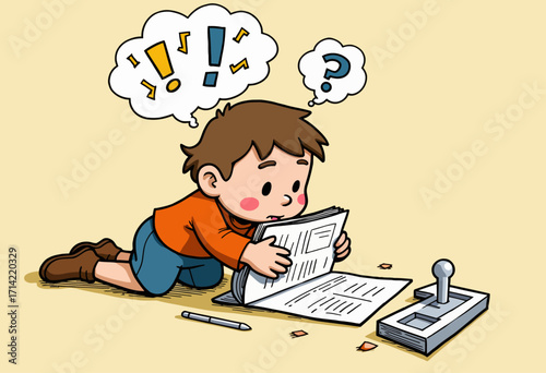 Curious Child Examines a Book with Pensive Enthusiasm, Imagining Solutions to Unanswered Questions in a Bright and Engaging Learning Environment