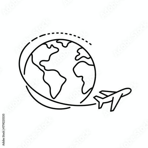 Stylized vector globe and airplane traveling around the world illustration silhouette vector illustration white background