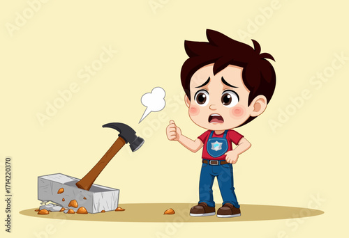 Illustration of a Concerned Cartoon Child Realizing the Difficulty in Extracting a Firmly Lodged Hammer from a Solid Block of Stone