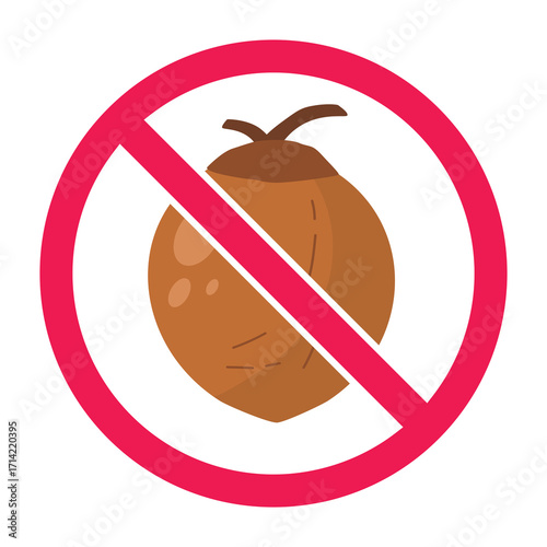 Forbidden sign with brown old coconut icon, no mature coconut sign, red crossed circle symbol, flat vector illustration
