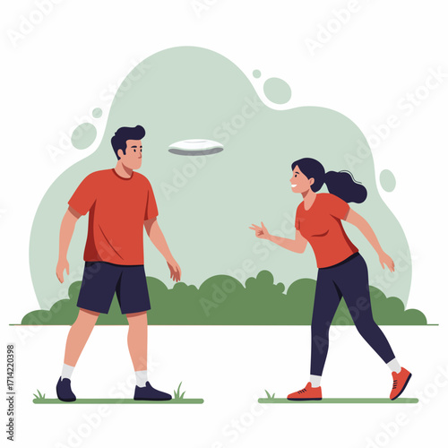 Flat Illustration Man and Woman Playing Frisbee in the Park Activity