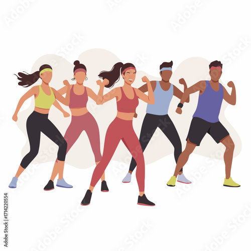 Flat Illustration Diverse Group of People Doing Dance Aerobics Together