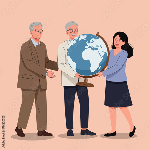 Flat Illustration Group of People Holding a Globe for Exploration Learning